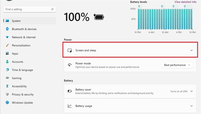 Nhấp để mở rộng phần “Screen and Sleep” trong cài đặt