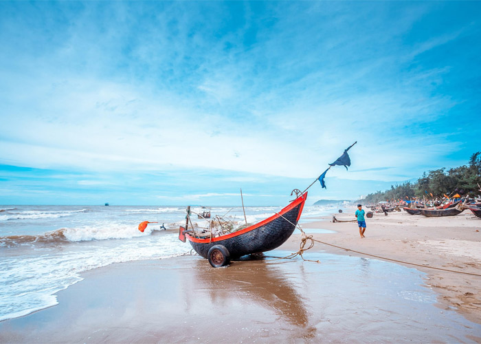 ảnh biển có rặng dừa con thuyền