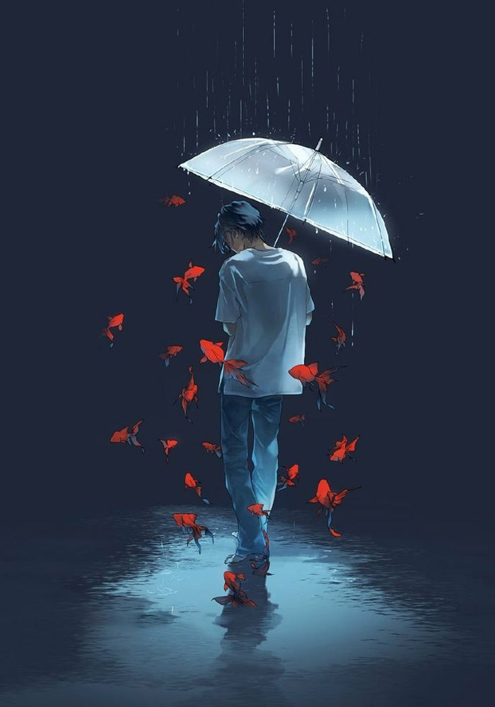 avatar anime nam buồn ngầu che ô