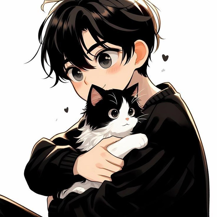 Avatar anime nam cute tóc trắng ôm mèo
