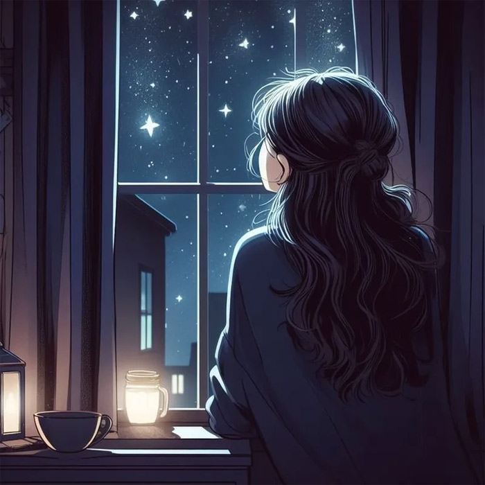 Hình nền nữ suy tư buồn bên cửa sổ ngắm sao