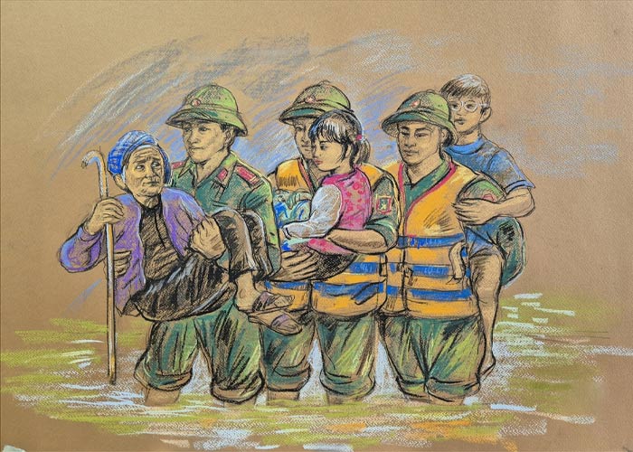 Hình ảnh chú bộ đội hỗ trợ người dân vùng lũ