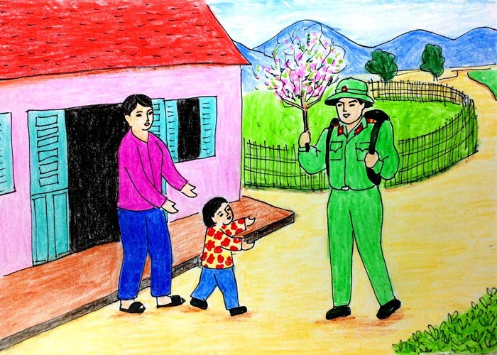 Hình ảnh chú bộ đội cầm hoa đào về ăn tết