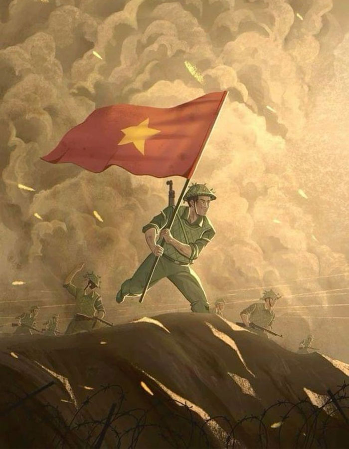 Chú bộ đội cầm cờ Tổ quốc hình ảnh vẽ tay