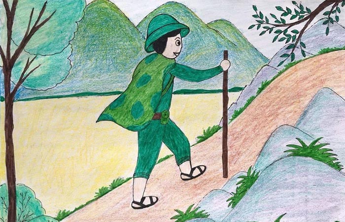 Chú bộ đội mặc áo mưa